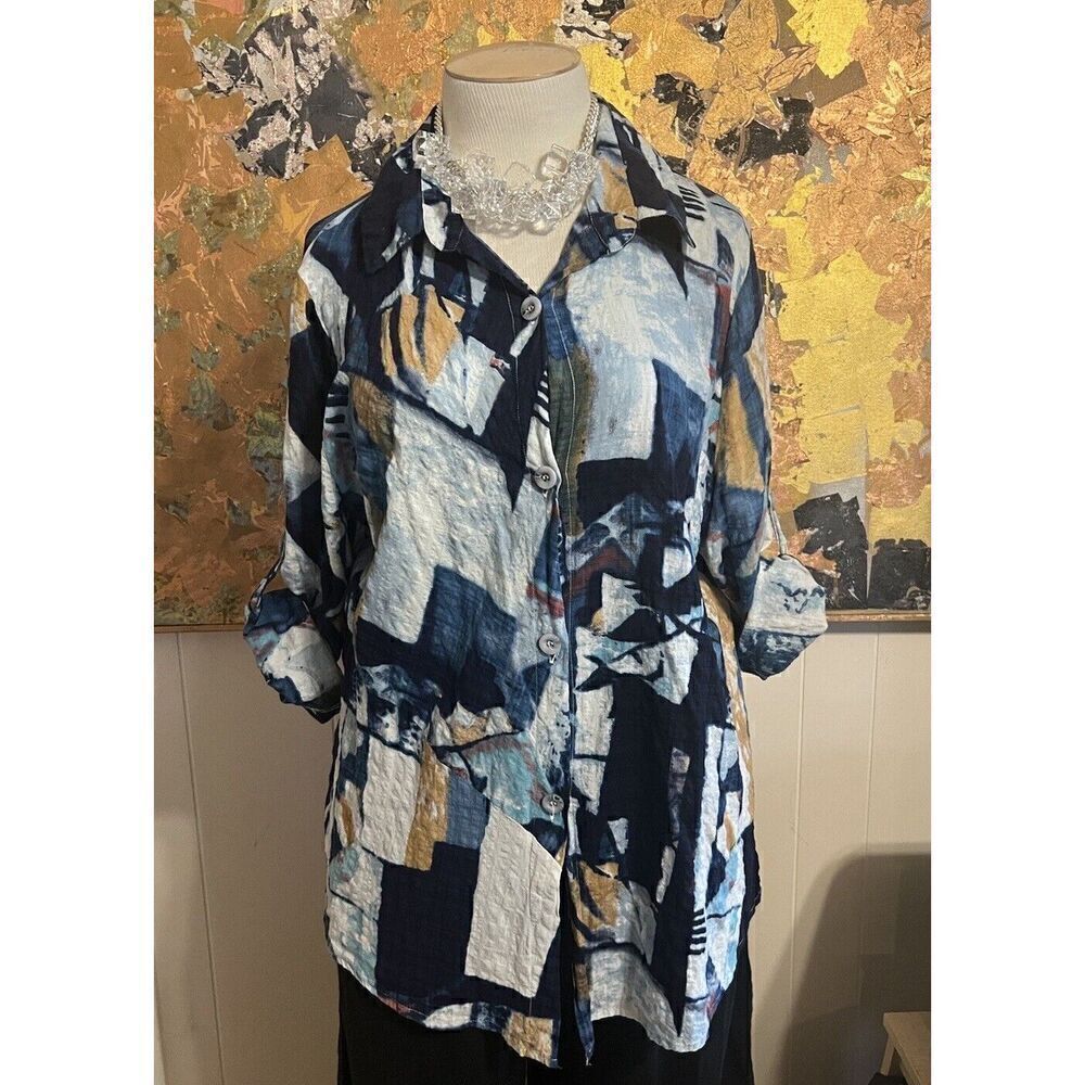 Dorman Art to Wear Womens XL Blue Tone Geometric Pattern Button Front Shirt
